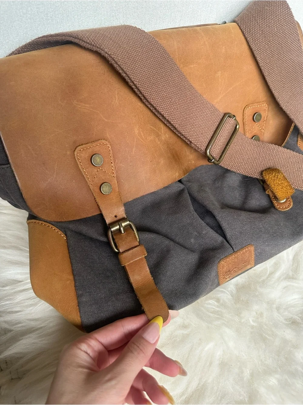 Vintage-Inspired Brown & Tan Canvas Messenger Bag with Leather Flap